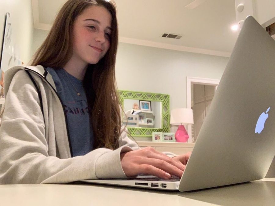 Freshman+Ellie+Holmes+works+on+her+online+assignments+at+home.+Due+to+the+global+pandemic%2C+schools+have+closed+their+doors+to+prevent+the+spread+of+coronavirus.+Despite+school+being+shut+down%2C+teachers+have+offered+educational+opportunities+for+students+so+they+dont+fall+behind+in+their+classes.