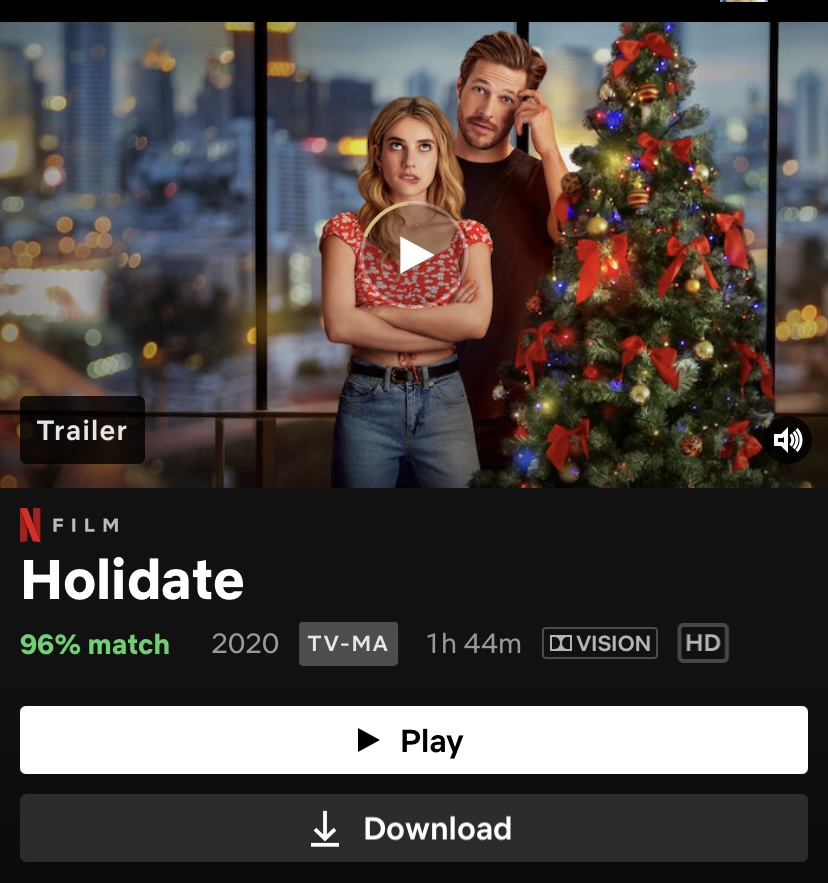 New+movie+The+Holidate+can+be+watched+on+Netflix+now.+The+romantic+comedy+runs+1+hour+and+44+minutes+amd+stars+Emma+Roberts+and+Luke+Bracey.