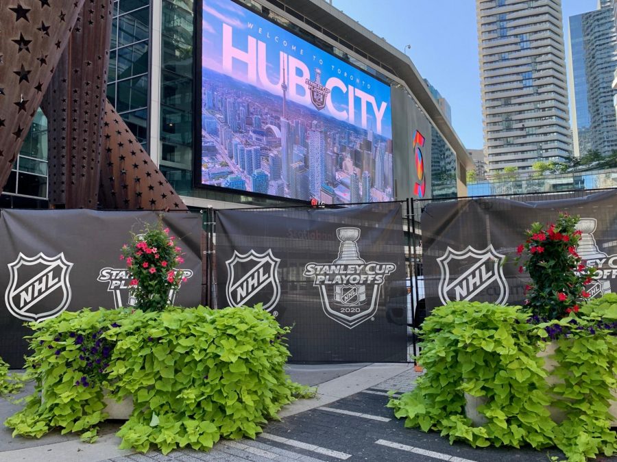 The Scotiabank Arena in Toronto hosts the NHL Stanley Cup Playoffs. The arena and two hotels were fenced off for player and staff use, not allowing anyone in or out.
