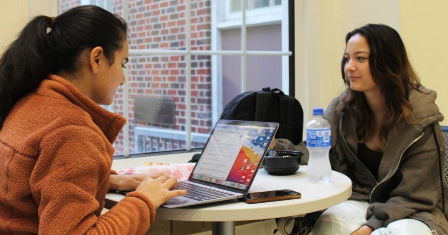 Outside of the cafeteria, sophomore Ava Robertson and junior Zainab Shah eat their lunch. They were not sitting the cafeteria because they felt it was too cold. "The school is really cold. Every class is super cold," Shah said. 