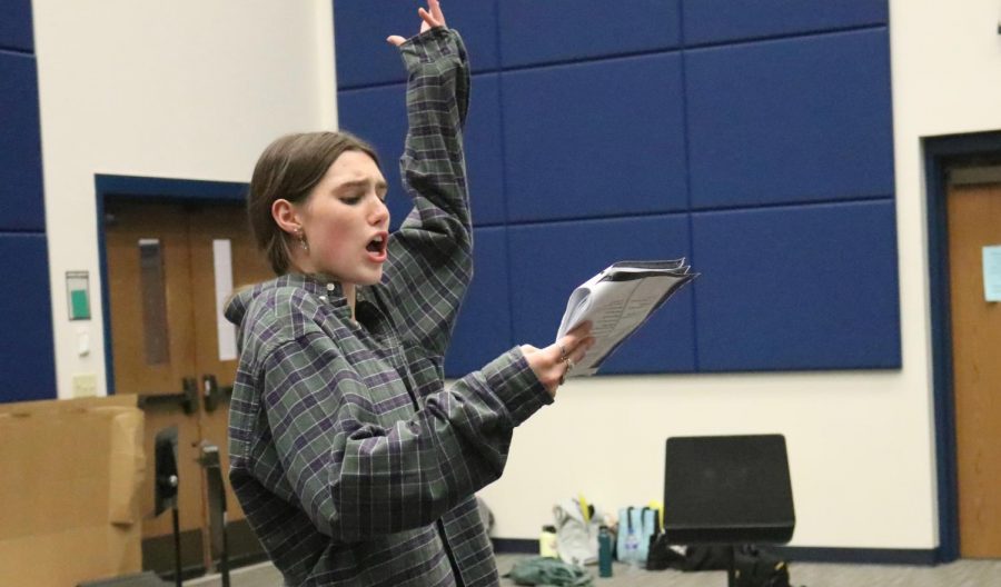 During play rehearsals junior Julia Smartt reads lines in the orchestra room. Smartt was cast to play Ralph even though she originally wanted the part of Jack. 