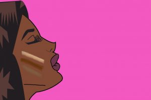 The illustration displays a person of color with swatches of makeup that do not match their skin tone. This is a common experience for people of color.