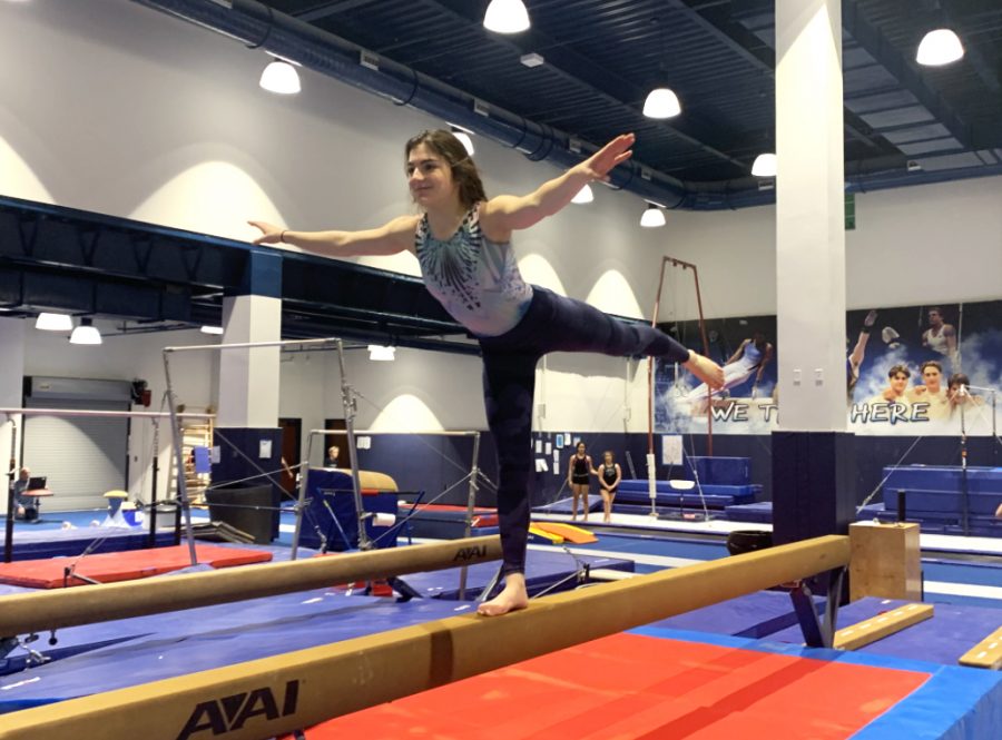 Senior+Abby+Sabatini+poses+on+the+balance+beam+during+practice.+The+beam+is+one+of+several+events+Sabatini+competes+in+for+the+team.+The+beam+is+difficult+and+scary%2C+but+everyday+practice+has+made+it+easier%2C+she+said.+