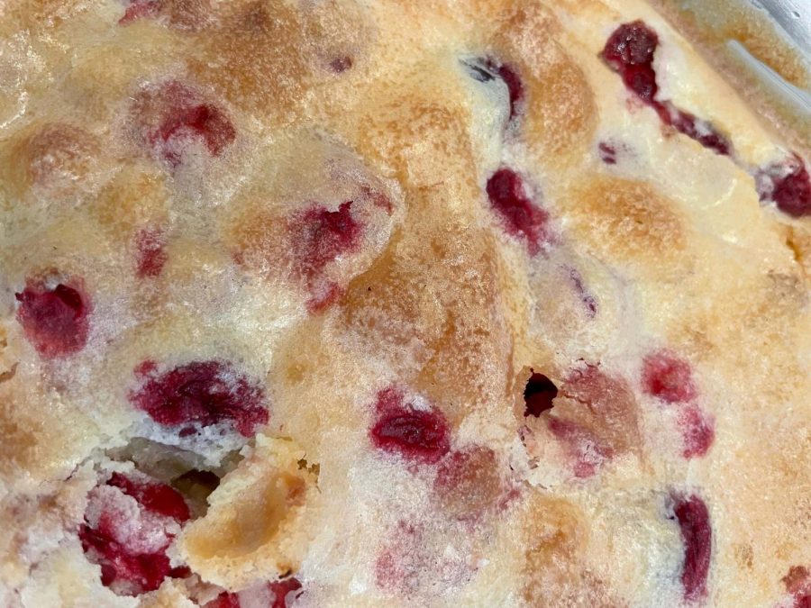 Once completely baked, the cranberry bread has a golden crust with bright red cranberries inside. Th bread is a holiday tradition in the Nugent family. 