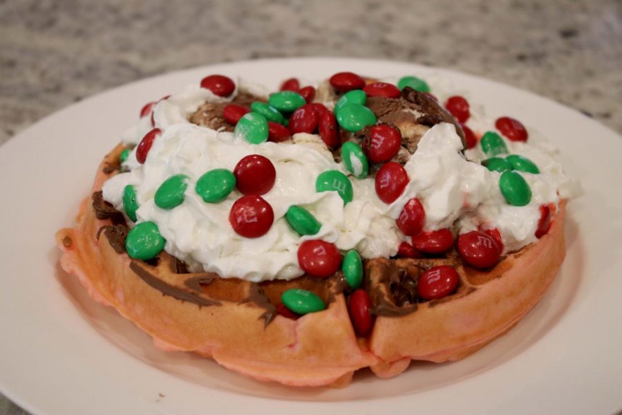 The Christmas waffle once it has been fully decorated. The holiday treat was first created with leftover Christmas party ingredients. 