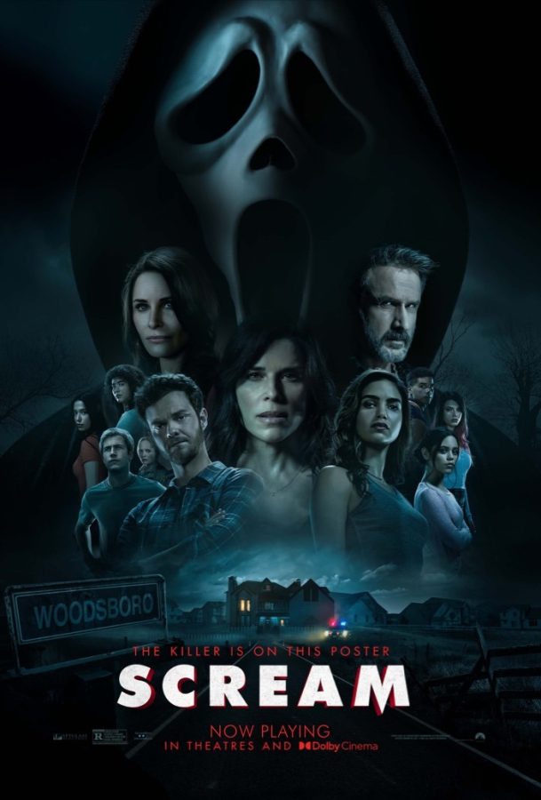 In+the+movie+poster%2C+Ghostface+is+set+above+the+main+characters.+The+movie+was+released+on+Jan.+7%2C+2022.+