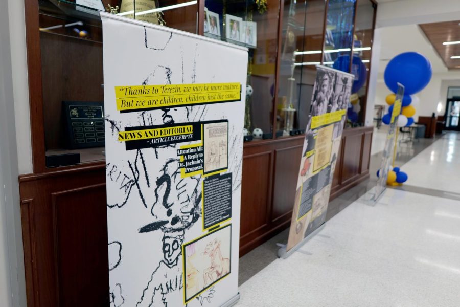 At the student entrance, a Holocaust Remembrance Week exhibit is displayed to encourage students to reflect on its history. The exhibit focused on a magazine created by a group of schoolboys during the Holocaust. 