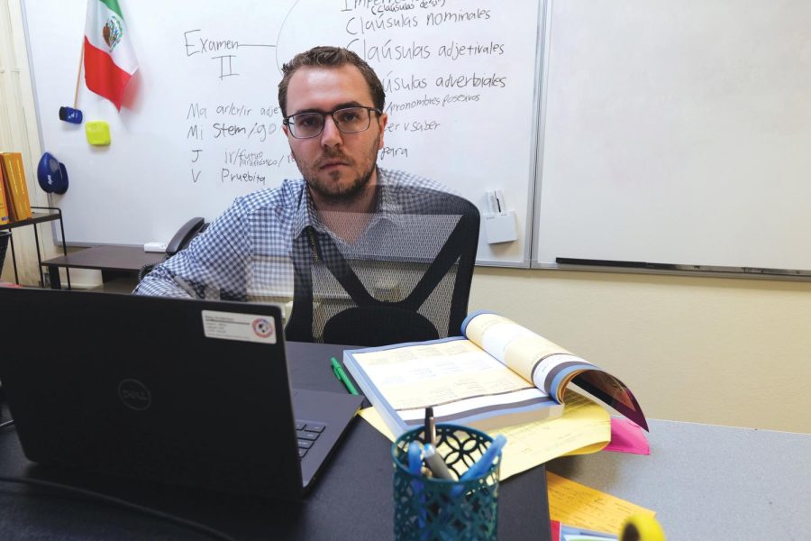 Days after meeting his students for the first time, Spanish teacher Brayden Borges constructs lesson plans in his new desk. He arrived in March to replace a teacher who also arrived as a replacement for a former teacher but eventually chose to leave. “It’s something I’m used to,” Borges said. “I have never started at a school at the beginning of the year.” 