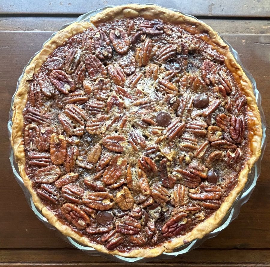 The+chocolate+pecan+pie+straight+out+of+the+oven.+The+pie+can+be+served+either+cold+or+warm.