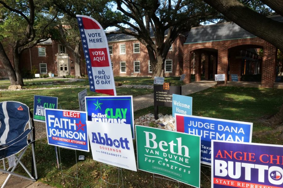 Political signs line the entrance of University Park United Methodist Church. The church serves as one of the polling sites for this years midterm election.