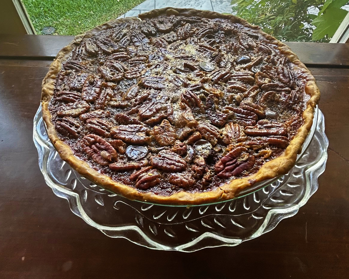 The chocolate pecan pie once its been finished and baked. The pie is one of three classic fall recipes.