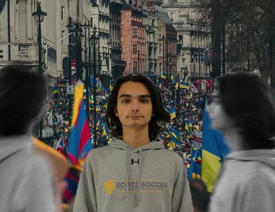 Ukrainian sophomore Rostyslav Kopach is superimposed on images of war torn Ukraine. Rostyslav is one of millions of Ukrainians who have been displaced because of the conflict with Russia.