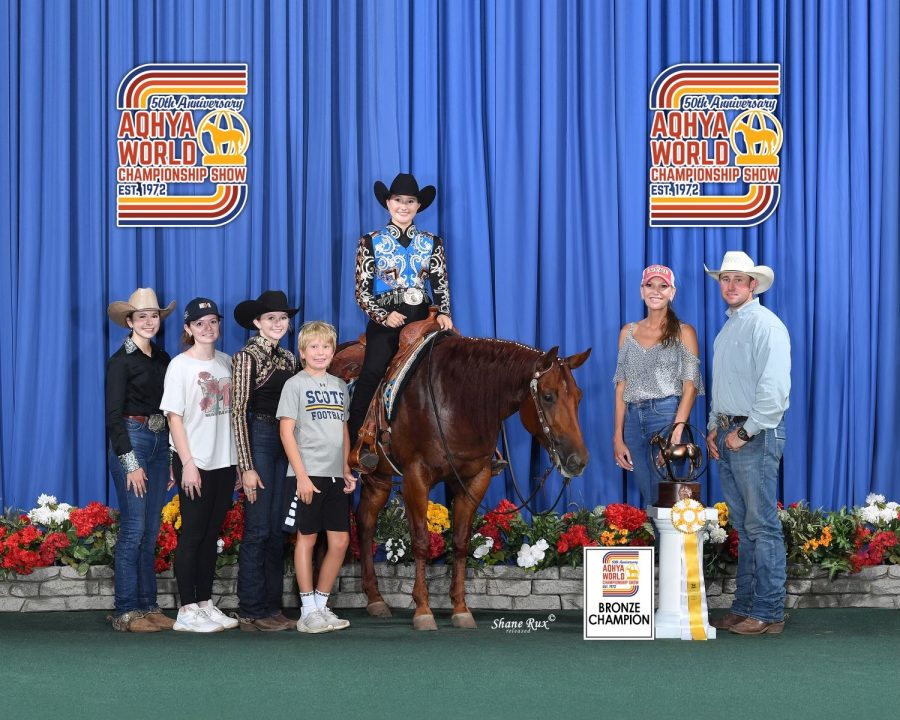 Junior Faith Horner earns bronze at the American Quarter Horse Youth Association World Championship on Aug. 4, 2022. Horner scored a 217 in the preliminaries and a 218 ½ in the final. “This was her first big year to show in the derbies,” Faith’s trainer John Tishman said. “She’s been learning a lot and been improving tremendously.” 