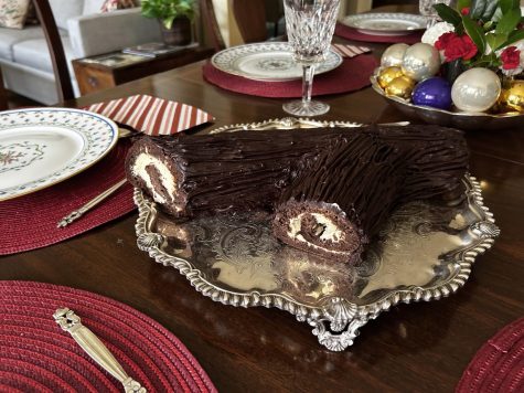The delicious Yule log is served on a silver platter. The dish has been a holiday staple in their family for years.  