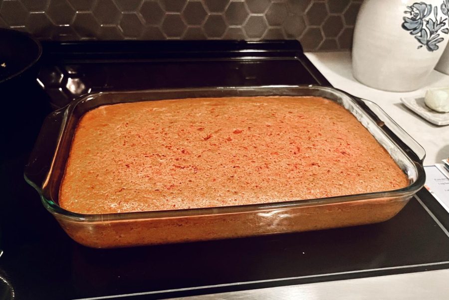 The strawberry cake after coming out of the oven. The cake can be served warm or room temperature.