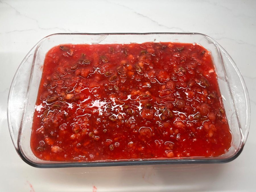 The strawberry salad when its ready to be served. The recipe has been in the Portteus family for 40 years.
